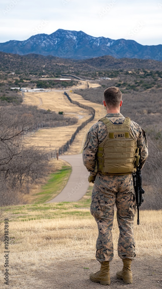 A U.S. Marine stands watch at the border fence in the southern desert, with barbed wire atop concrete walls and mountains in the backdrop, ensuring security in a remote area A U.S. Marine stands watch at the border fence in the southern desert, with barbed wire atop concrete walls and mountains in the backdrop, ensuring security in a remote area
