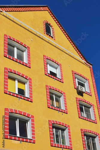 Facade of three-storey residential building. Kaliningrad, Russia