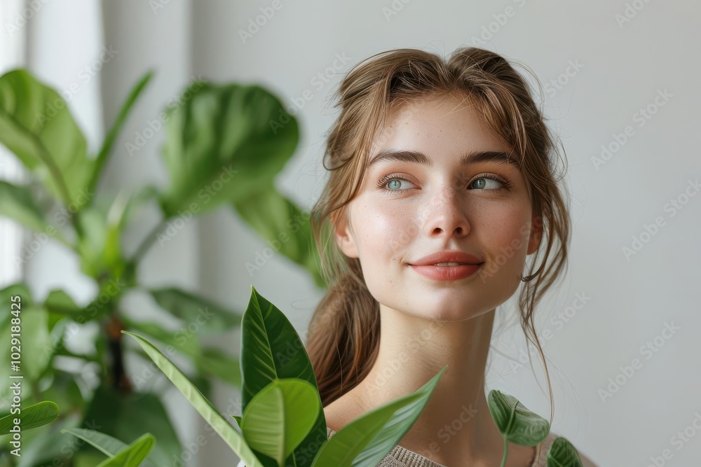 Woman with decorative plant, white background, home decor Woman with decorative plant, white background, home decor