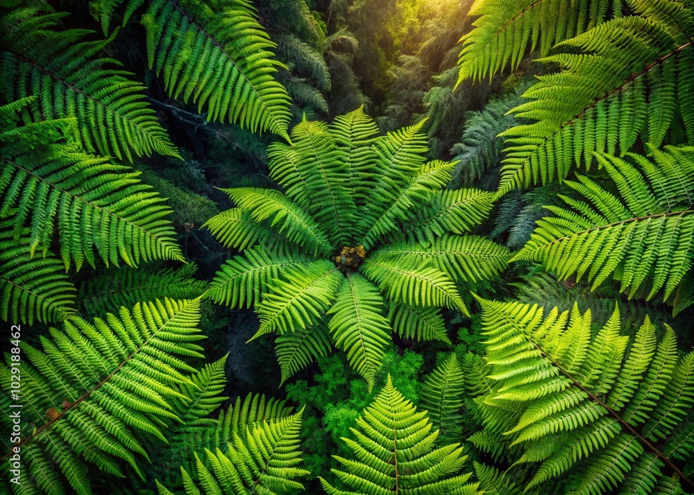 Aerial View of Lush Fern Spores in a Dense Forest Landscape Aerial View of Lush Fern Spores in a Dense Forest Landscape