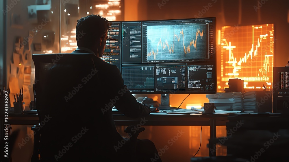 Businessman analyzing data on multiple computer screens. Businessman analyzing data on multiple computer screens.