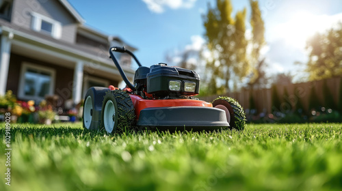 close up photo of red lawn mower on green lawn in front of house, garden, grass cutting device, technology, equipment, backyard, gardening, summer