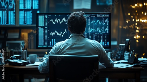 Person analyzing data on multiple screens in a dimly lit office.