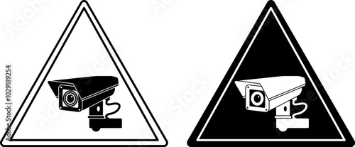 CCTV Warning Signs. Black and White Vector Icons. Triangle Sticker. Warning of Installed CCTV Camera