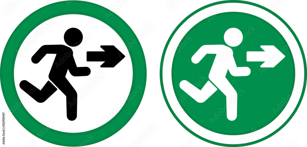 Green Signs Exit. Vector Icons. Warning Sign. Man Running Behind Exit Arrow. Emergency Evacuation Symbol Green Signs Exit. Vector Icons. Warning Sign. Man Running Behind Exit Arrow. Emergency Evacuation Symbol