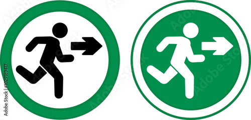 Green Signs Exit. Vector Icons. Warning Sign. Man Running Behind Exit Arrow. Emergency Evacuation Symbol