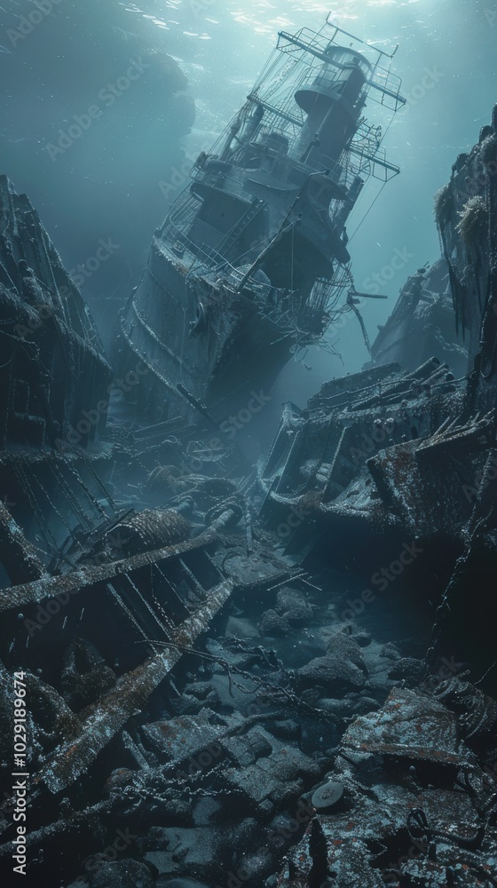Haunting remnants of a submerged naval battle, 4K hyperrealistic photo Haunting remnants of a submerged naval battle, 4K hyperrealistic photo
