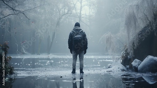 Enjoying the tranquility of winter fishing on a frozen pond amidst a serene landscape photo