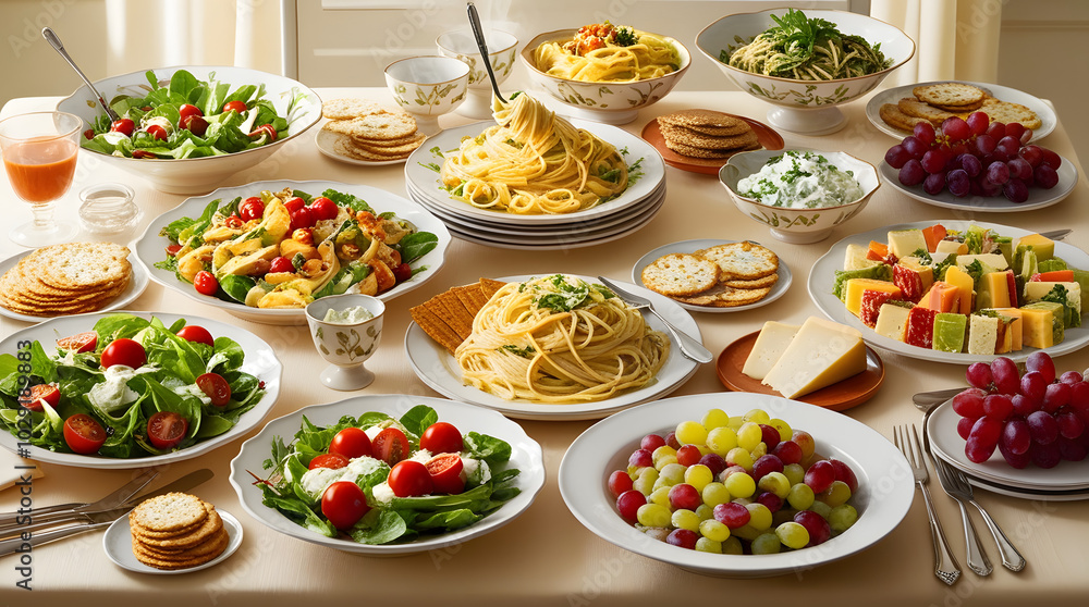 The table is filled with dishes and food. A set of salads, pasta and snacks The table is filled with dishes and food. A set of salads, pasta and snacks