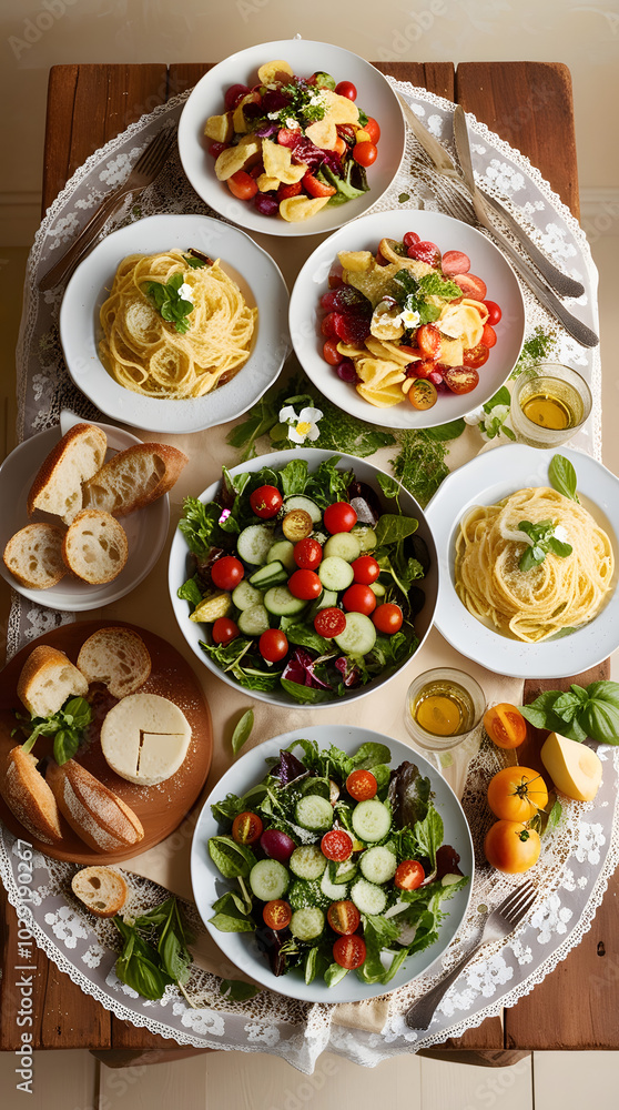 The table is filled with dishes and food. A set of salads, pasta and snacks The table is filled with dishes and food. A set of salads, pasta and snacks
