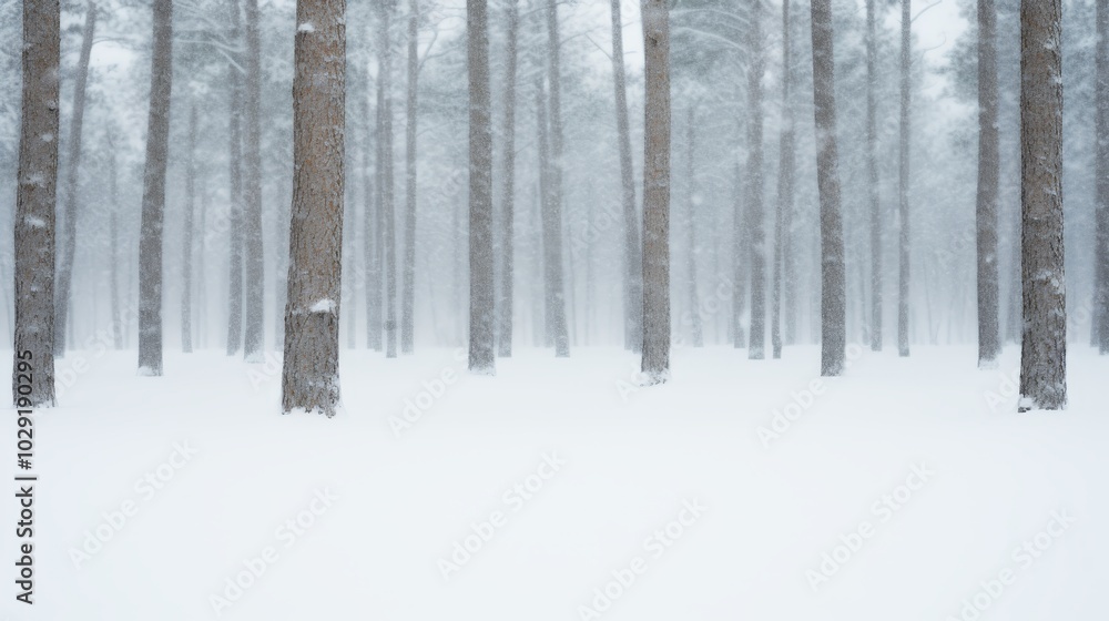 Fototapeta premium Serene snow covered forest landscape with majestic trees and peaceful winter atmosphere