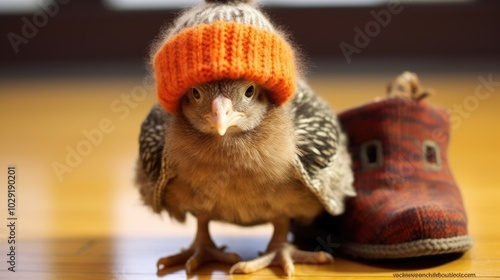 Funny photo of a turkey in a knitted hat on the street in winter. Thanksgiving turkey, Christmas, New Year. Bird in a hat. Cold snap, winter weather, temperature. Funny poster with animals in a hat.