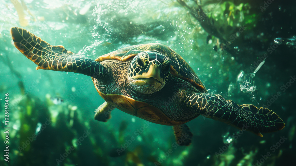 Obraz premium A gracefully swimming sea turtle gliding through crystal-clear waters surrounded by vibrant seaweed in an underwater wonderland