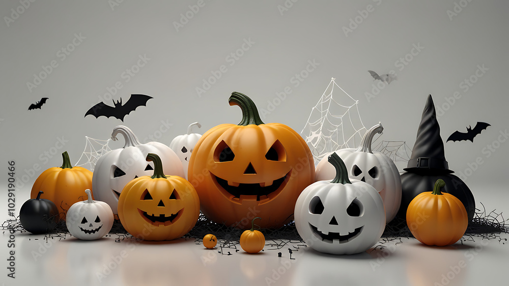 A 3D render of a group of Halloween themed round objects. There are pumpkins, ghosts, bats, and spiderwebs on the objects A 3D render of a group of Halloween themed round objects. There are pumpkins, ghosts, bats, and spiderwebs on the objects