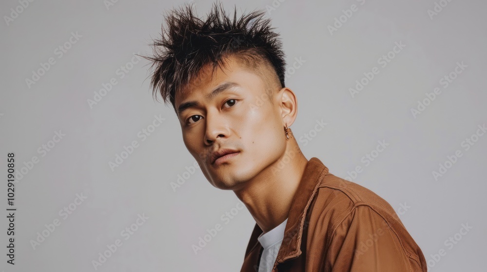 Close-up Portrait of a Young Man with Spiky Hair and a Brown Jacket Close-up Portrait of a Young Man with Spiky Hair and a Brown Jacket
