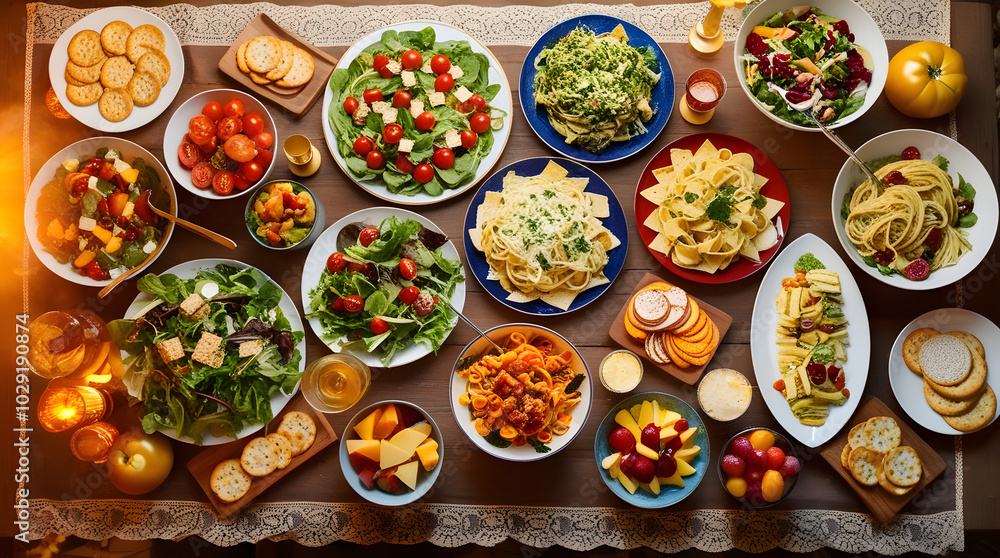 The table is filled with dishes and food. A set of salads, pasta and snacks The table is filled with dishes and food. A set of salads, pasta and snacks