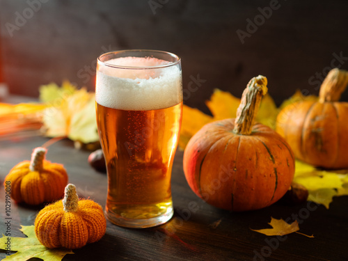 Craft beer on the table with pumpkins and autumn yellow leaves . Celebrate Halloween