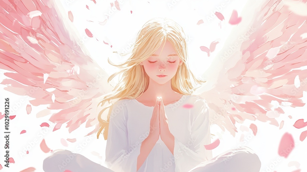 A serene angel with golden hair and radiant wings, meditating amid soft pink petals A serene angel with golden hair and radiant wings, meditating amid soft pink petals