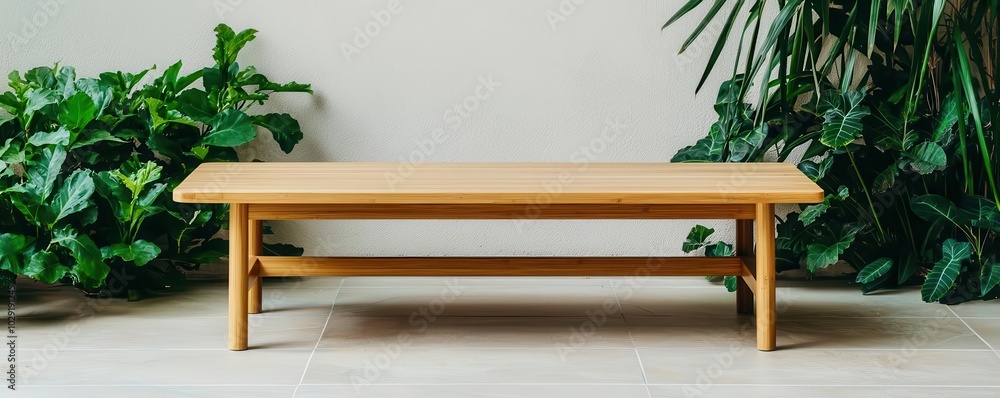 A minimalist wooden coffee table surrounded by lush green plants, set against a neutral-colored wall, creating a serene and inviting ambiance. A minimalist wooden coffee table surrounded by lush green plants, set against a neutral-colored wall, creating a serene and inviting ambiance.