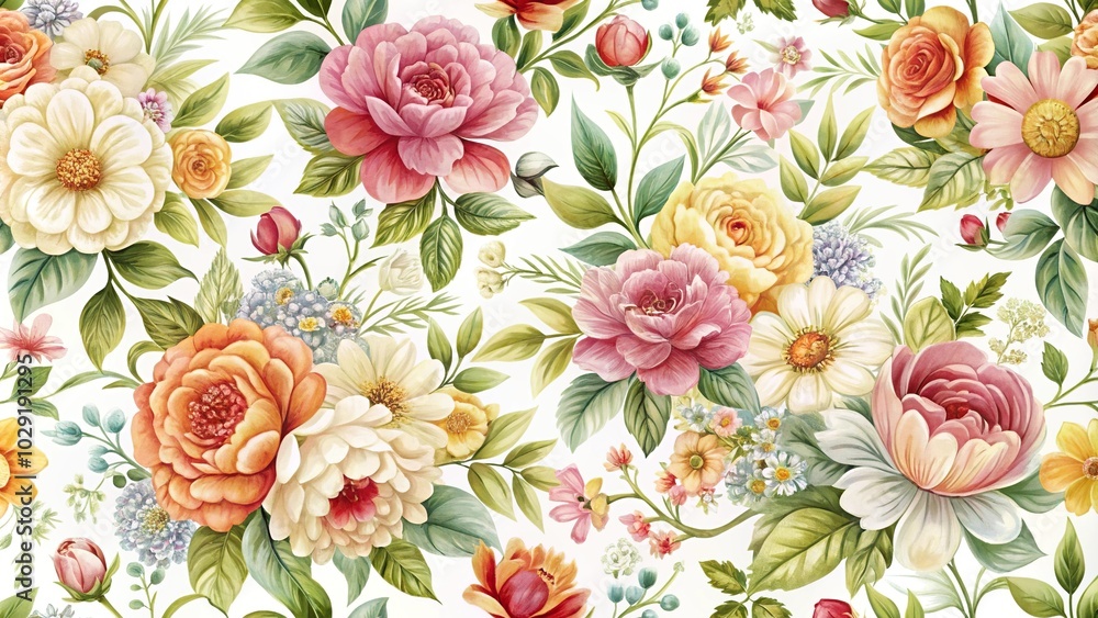 Floral pattern with realistic flowers on white background using forced perspective Floral pattern with realistic flowers on white background using forced perspective