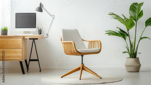 A modern workspace featuring a stylish chair, wooden desk, computer, and greenery, creating a fresh and inviting atmosphere.