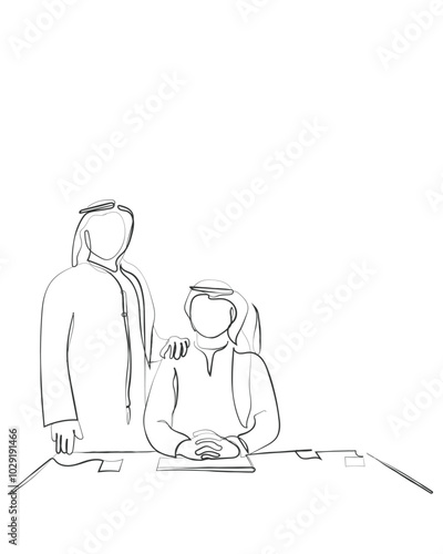 Hand drawn line art vector of a business meeting. Business opportunities in middle east. Growing business sector of Saudi Arabia concept art.