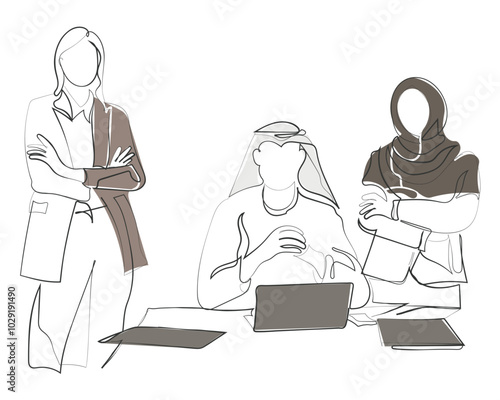 Hand drawn line art vector of a business meeting. Business opportunities in middle east. Growing business sector of Saudi Arabia concept art.