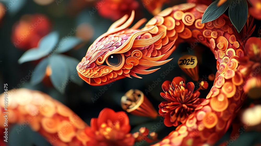 Naklejka premium An elegant paper-cut snake in a swirling design, wrapping around the numbers 