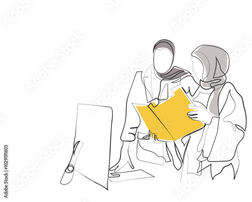 Hand drawn line art vector of arab woman presentation in corporate settings. Muslim world and growth mindset. Saudi women and men in entrepreneurship. Competent and young gulf businesspeople.