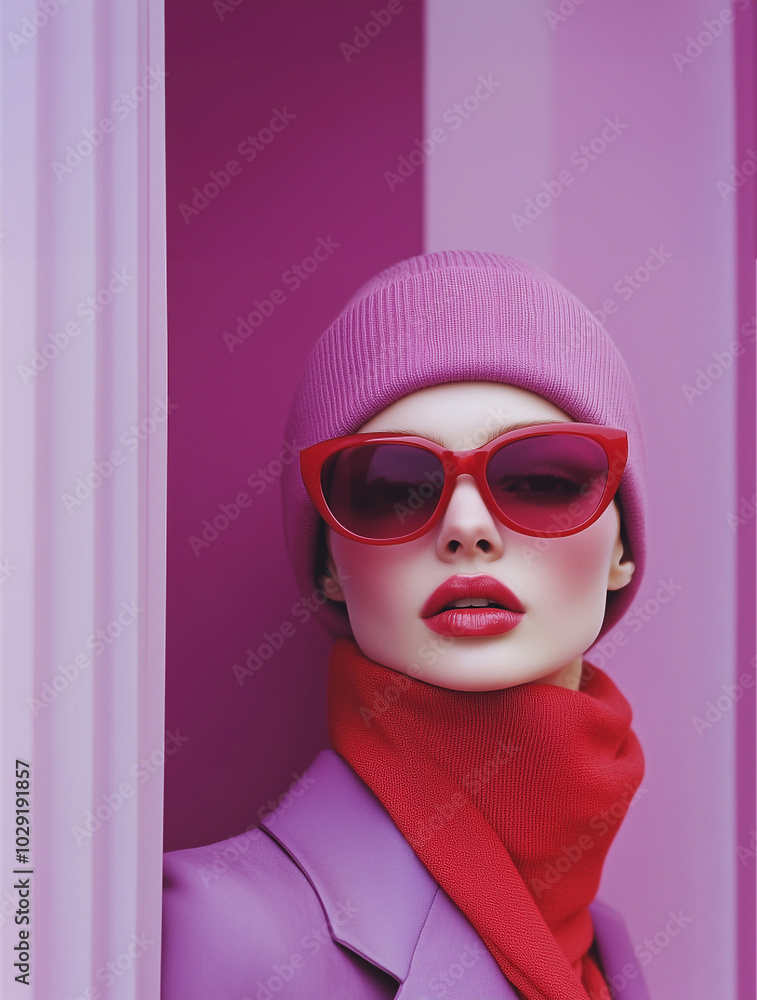 supermodel, minimalistic, in red and purple, outfit, sunglasses, headdress, famous designer, vertical, one person, supermodel, minimalistic, in red and purple, outfit, sunglasses, headdress, famous designer, vertical, one person,