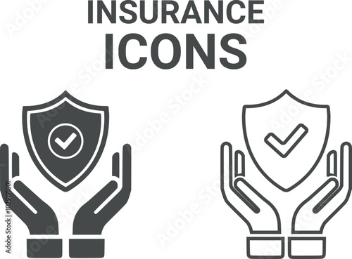 Insurance vector icon on white background. Conceptual design of insurance policy services. Hands hold car, health, family, life insurance icons