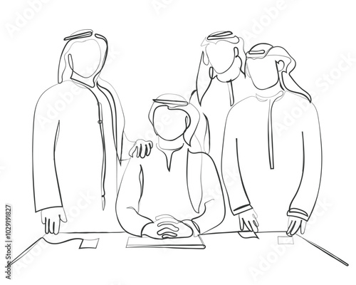 Hand drawn line art vector of an Arab man sitting in his office. Middle eastern ceo concept. Emirati businesspeople.