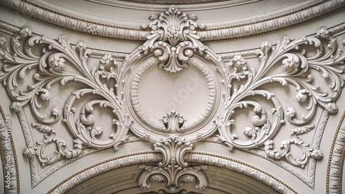 Intricate ceiling ornamentation, classical design with floral motifs.