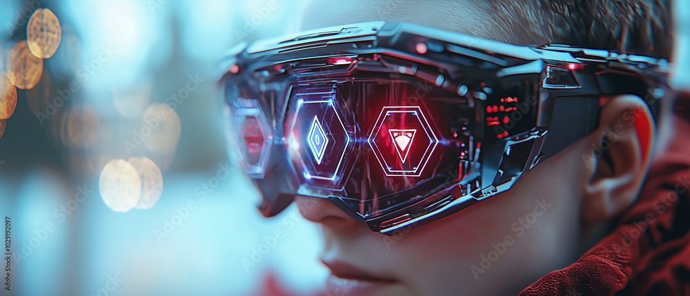 person wearing augmented reality glasses with futuristic design, showcasing vibrant lights and intricate details. glasses reflect modern technological aesthetic, evoking sense of innovation and person wearing augmented reality glasses with futuristic design, showcasing vibrant lights and intricate details. glasses reflect modern technological aesthetic, evoking sense of innovation and