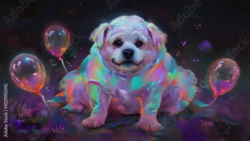 A dog in a ghost costume with balloons, created with halloween theme concept realstic orange and lavendor photo