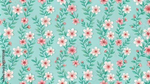 Floral seamless pattern with simple flower in light turquoise background