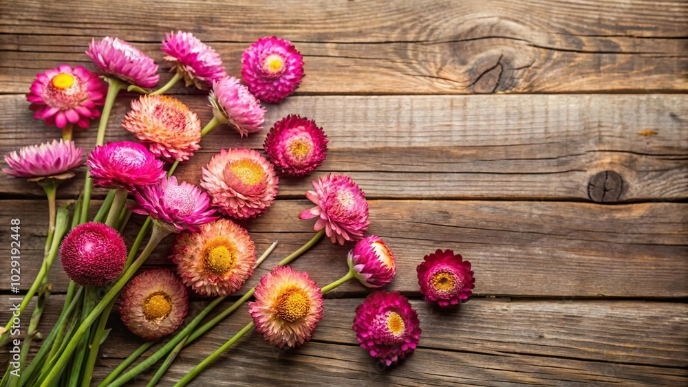 Floral wooden background with dried helichrysum pink flowers framed in a bird's eye view Floral wooden background with dried helichrysum pink flowers framed in a bird's eye view