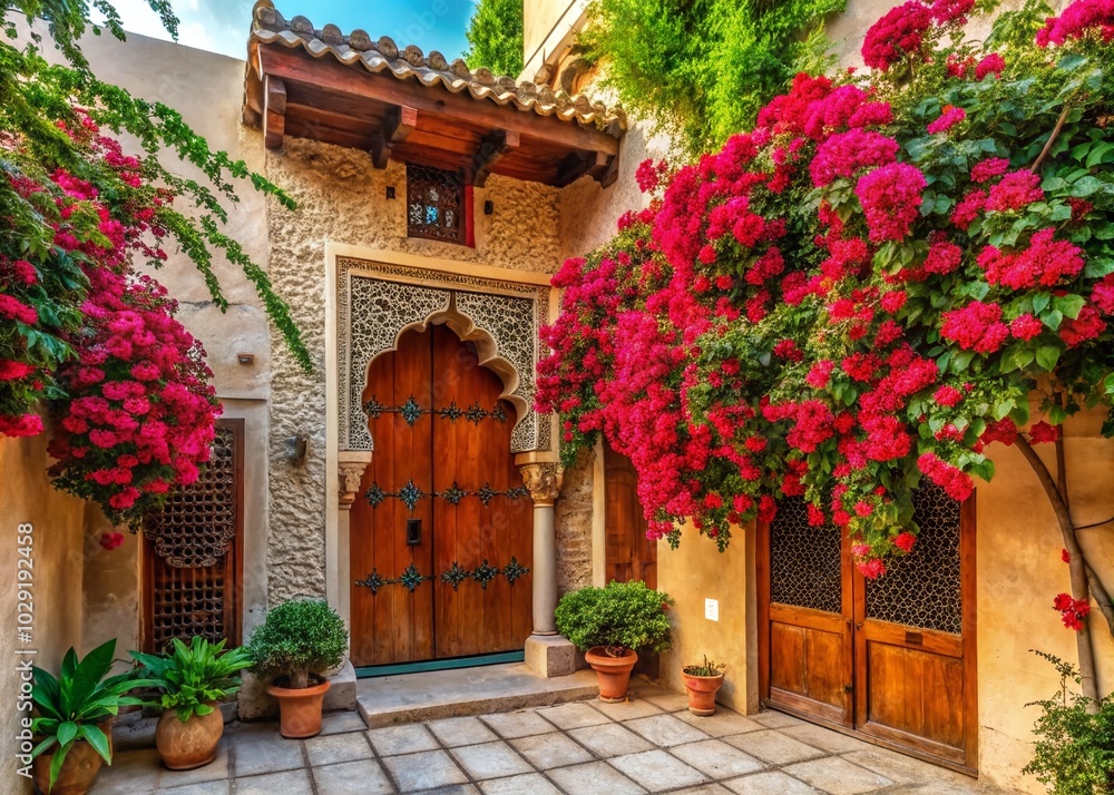 Aerial View of Rustic House Entrance with Arabic Elements and Vibrant Red Flowers Aerial View of Rustic House Entrance with Arabic Elements and Vibrant Red Flowers