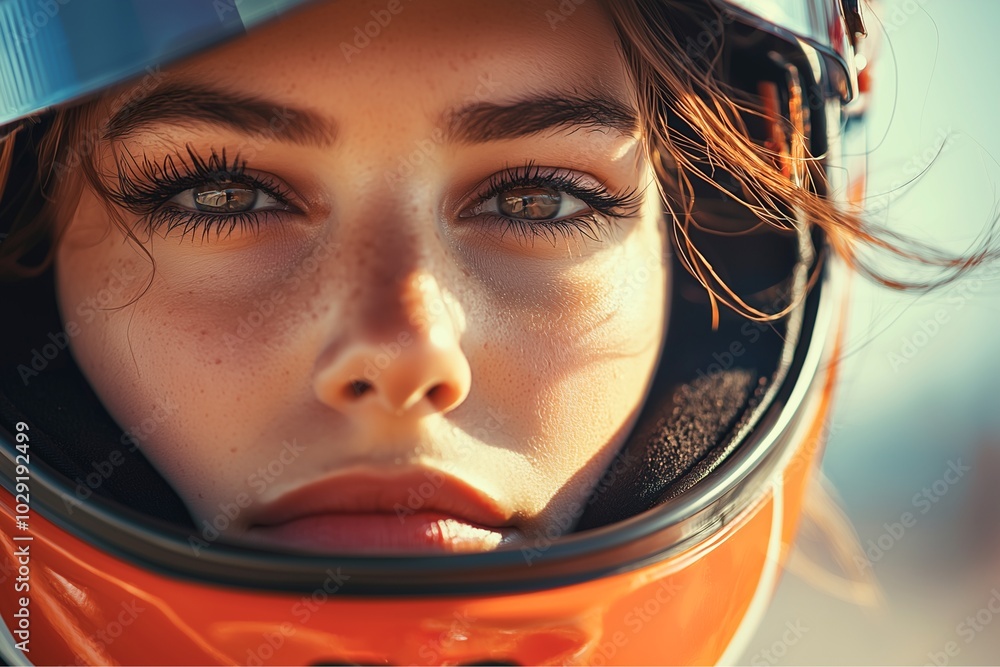 Jpeg of Determined Female Racer Close-Up Focus, Concentration, and Confidence on the Track Jpeg of Determined Female Racer Close-Up Focus, Concentration, and Confidence on the Track