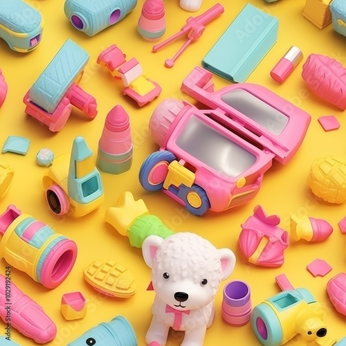 Adorable seamless design featuring dogs, toys, and pet care accessories in playful cartoon style