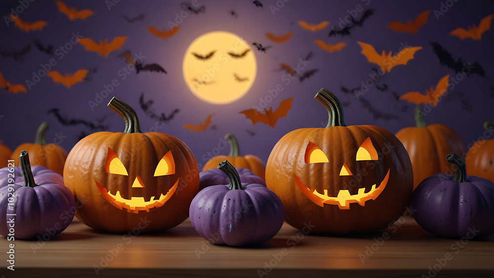A group of pumpkins with glowing eyes and bats flying around them lavender and orange 3d illustration paper cut theme on table in studio light A group of pumpkins with glowing eyes and bats flying around them lavender and orange 3d illustration paper cut theme on table in studio light