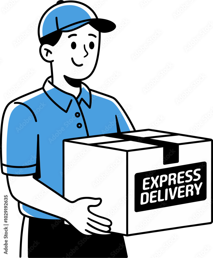 Express Delivery Worker Holding a Cardboard Box - Vector Illustration On Transparent Background Express Delivery Worker Holding a Cardboard Box - Vector Illustration On Transparent Background