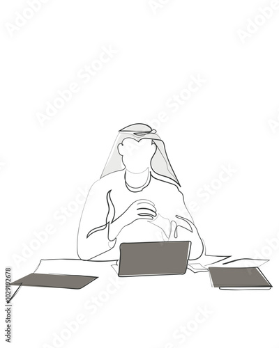 Hand drawn line art vector of an Arab man sitting in his office. Middle eastern ceo concept. Emirati businesspeople.