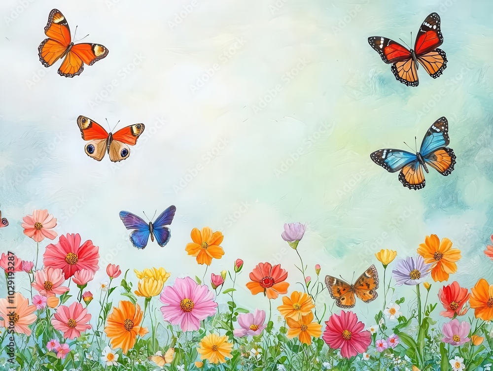 Side view of blooming pollinator garden, Butterflies in flight, Green, peaceful scene Side view of blooming pollinator garden, Butterflies in flight, Green, peaceful scene