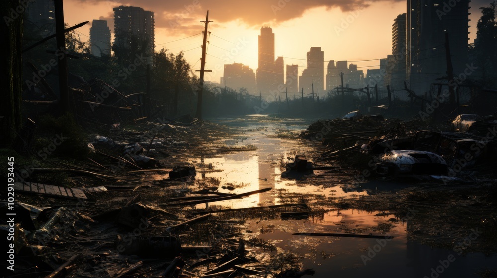A submerged and overgrown urban landscape in the wake of a post apocalyptic catastrophe A submerged and overgrown urban landscape in the wake of a post apocalyptic catastrophe