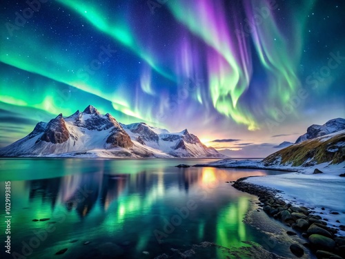 Wallpaper Mural Stunning Aurora Borealis Over Snowy Mountains and Calm Ocean at Night - Digital Art for Nature Lovers Torontodigital.ca