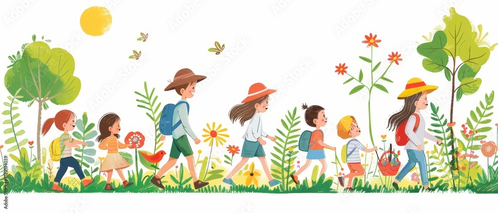 Children Enjoying Nature in a Colorful Landscape Children Enjoying Nature in a Colorful Landscape