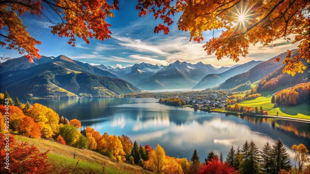 Obraz premium Stunning Autumn Landscape at Zell am See Lake with Majestic Mountains and Sunlight - Ideal for Nature Lovers