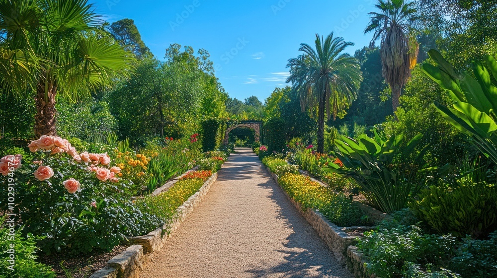 A stone pathway leads through a lush garden with palm trees, flowers, and greenery on a sunny day. A stone pathway leads through a lush garden with palm trees, flowers, and greenery on a sunny day.