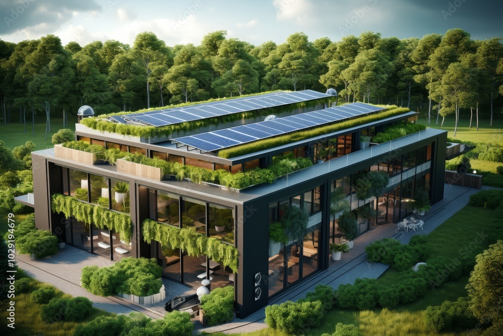 Modern architecture showcasing solar panels and green roofs for sustainable development awareness Modern architecture showcasing solar panels and green roofs for sustainable development awareness